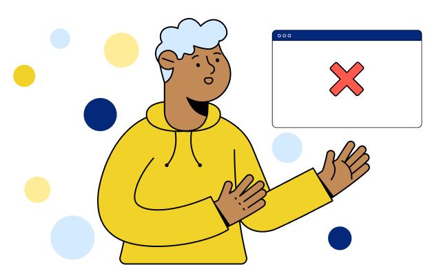 Ilustración de una persona preocupada señalando una ventana emergente con un símbolo de error (una X roja).
